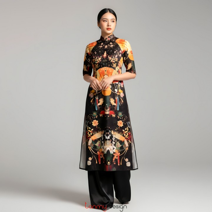 Áo dài nữ xuông, vải gấm in nhiều màu XL